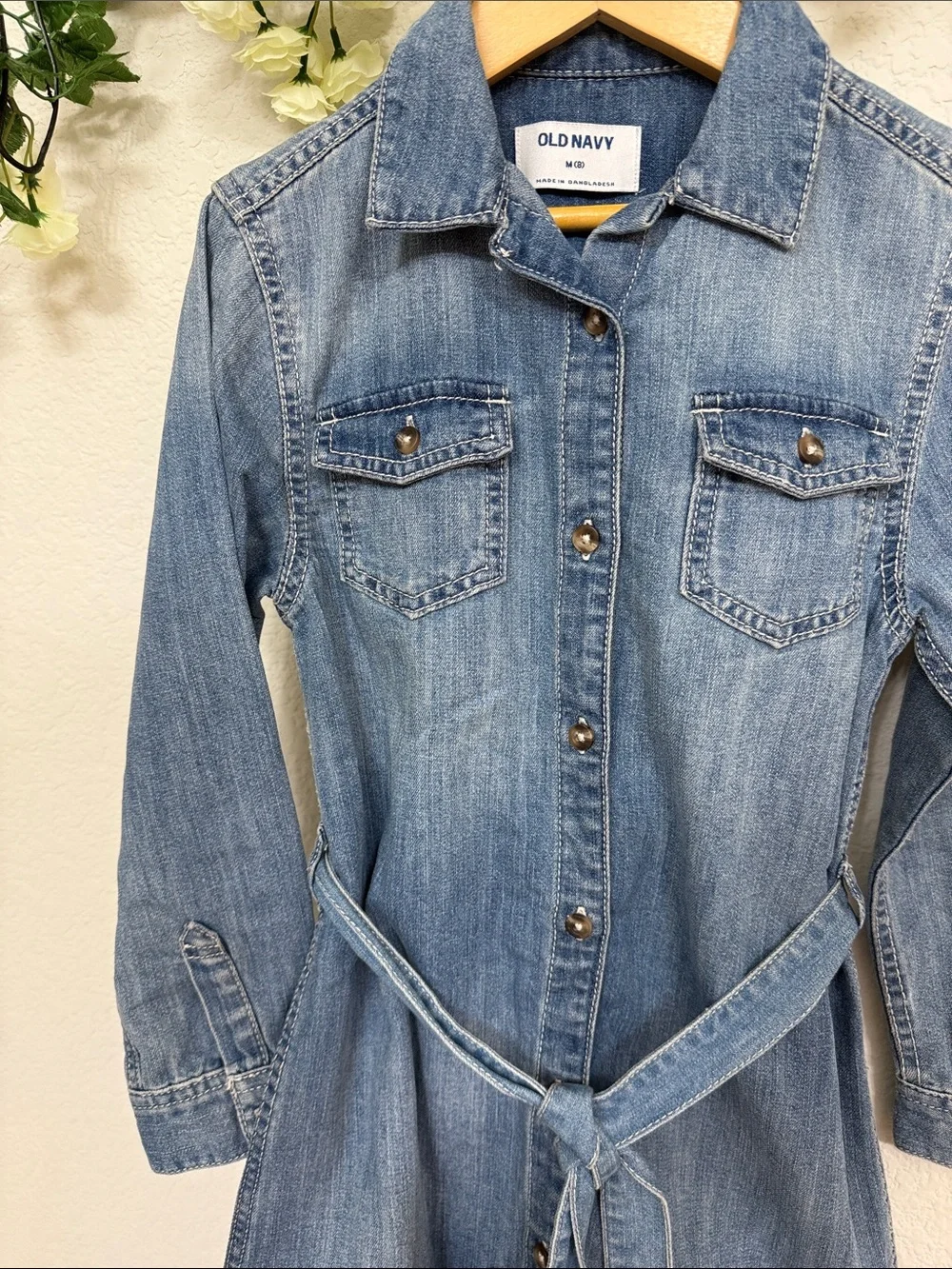 Old Navy • Shirt Dress in Stonewashed Denim Blue Button Up Style with Belt